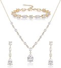 Crysdue Teardrop Bridal Jewelry Set for Wedding Party, Silver/14K/Rose Gold Plated Prom Costume Jewellery for Bride Bridesmaids Women, Cubic Zirconia Necklace Dangle Earrings Bracelet
