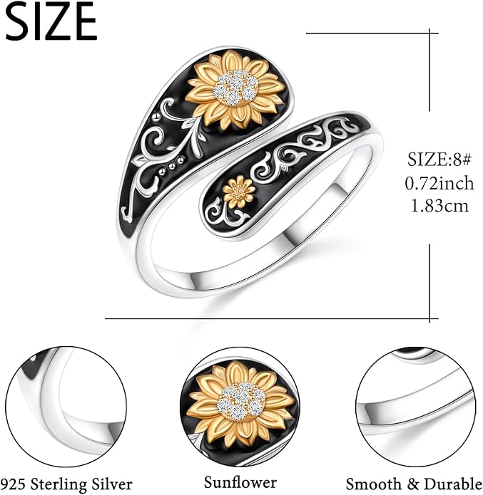 FLYOW Sterling Silver Sunflower Spoon Ring Victorian Style Boho Antique Flower Adjustable Open Ring Retro Statement Cubic Zirconial/Turquoise/Oxidized Thumb Rings for Women Birthday Christmas Jewelry