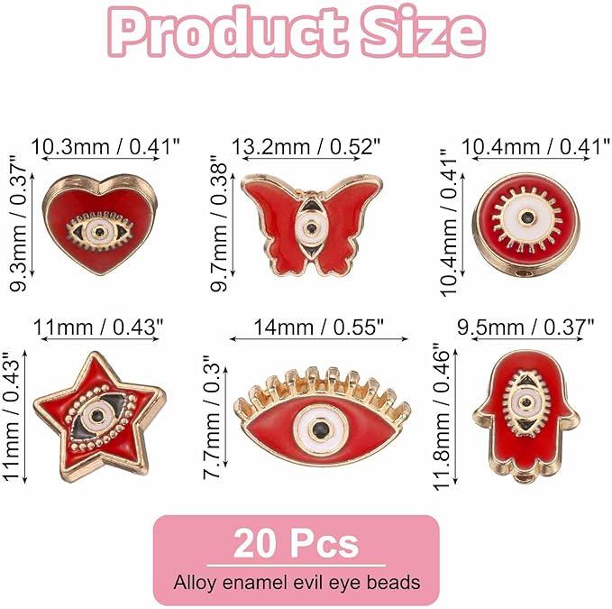 MECCANIXITY 30 Pcs Evil Eye Beads Bulk Colorful Alloy Enamel Loose Spacer Charm Beads for DIY Bracelet Earrings Necklace Crafts Jewelry Making, Red