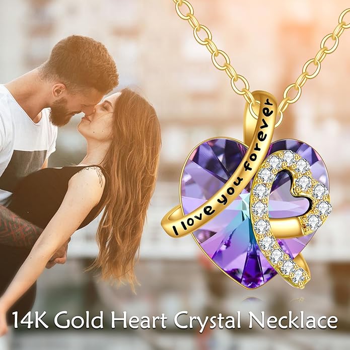 KECHO 14K Real Gold I Love You Forever Necklace Solid Yellow Gold Heart Birthstone Crystal Pendant Jewelry Birthday Mother's Day Anniversary Christmas Gifts for Women