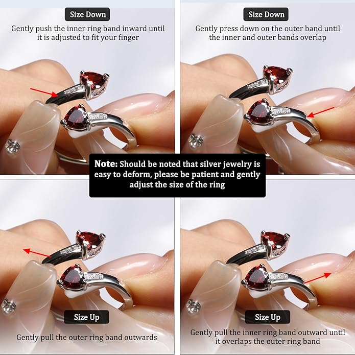 1CT Adjustable Women Heart Ring 925 Sterling Silver Birthstone Rings for Women Promise Ring for her Simulated Gemstone Statement Stackable Band Width 2mm Open Size 5~9