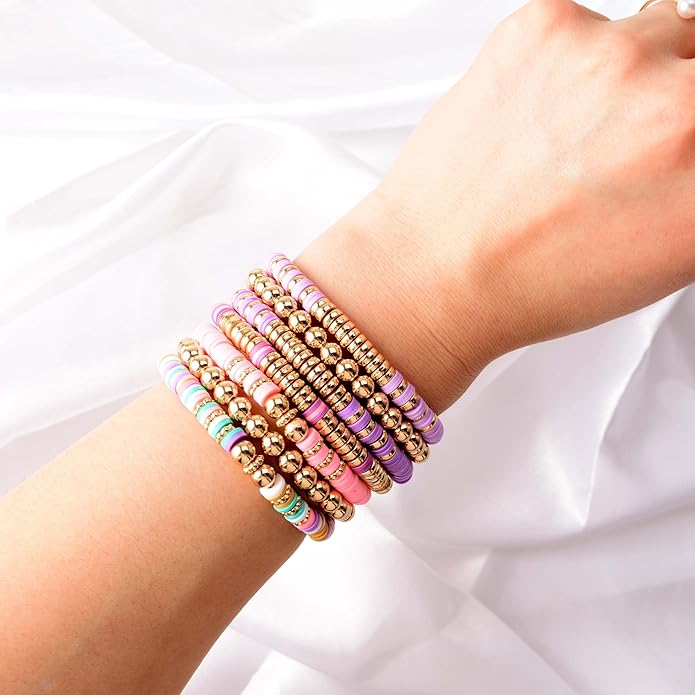 GOOJIDS Surfer Heishi Clay Bead Bracelets for Women Bohemian Stackable Gold Plated Beaded Stretch Bracelets Elastic Layering Friendship Bracelets Set Boho Jewelry