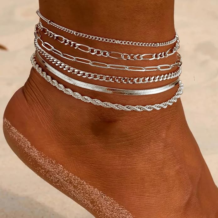 Anklets for Women 14K Gold Silver Plated Ankle Bracelets Trendy Waterproof Boho Anklets Set Adjustable Dainty Cute Diamond Beaded Heart Non Tarnish Summer Beach Jewelry Gift