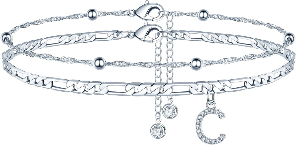 Ursteel Ankle Bracelets for Women, 14K Gold Plated Dainty Layered Chain CZ Initial Anklets Summer Jewelry Gifts for Women