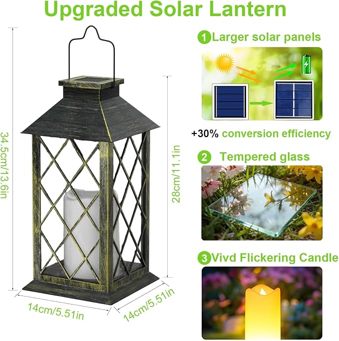14" Large Tempered Glass Solar Lanterns Outdoor Waterproof | Bronze retro solar - Image 3
