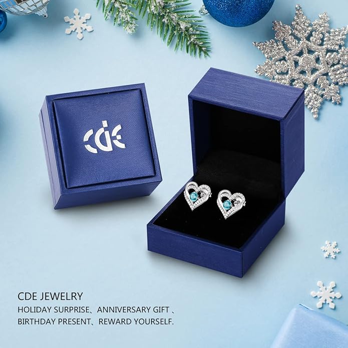 CDE Forever Love Heart Stud Earrings for Women, 925 Sterling Silver Birthstone Heart Stud Earrings Christmas Day Mother's Day Gift Anniversary Birthday Jewelry Gifts for Women Wife Her
