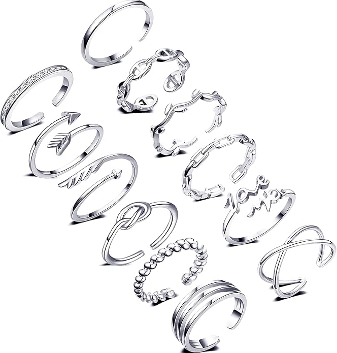 Honsny 12PCS Silver Plated Rings Adjustable Open Rings for Women Cute Gold Plated Stackable Thumb Rings Joint Chain Midi FingerArrow Knot Wave Band Rings Set