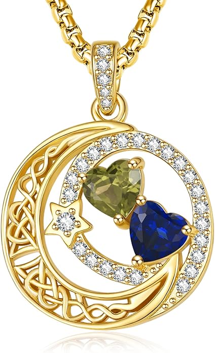 14K Gold Moon and Star Necklace Gifts for Women - Double Heart Birthstone Necklace, Valentines Wedding Anniversary Birthday Gifts for Her Wife Mom Daughter Grandma Sister