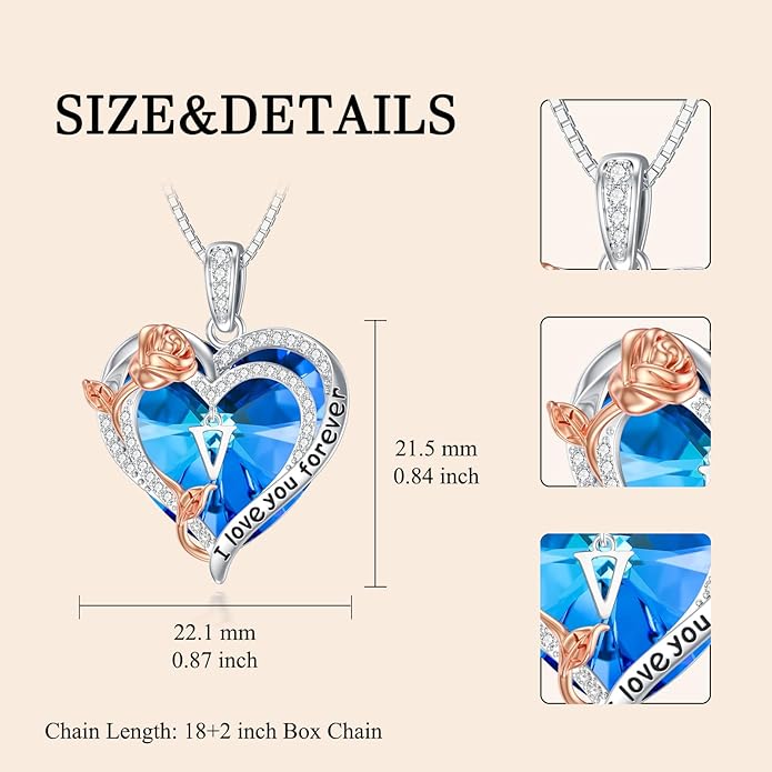 PELOVNY Rose Heart Initial Necklaces for Women S925 Sterling Silver Alphabet Letter Crystal Necklace Initial Pendant Jewelry Gifts for Mom Daughter Wife