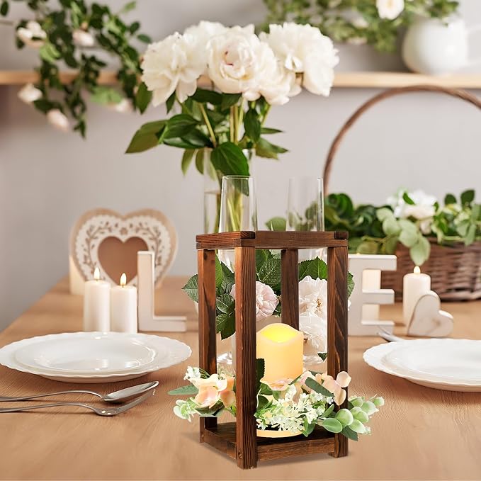 Hushee 30 Pcs Wooden Wedding Lantern Centerpiece Candles Wreaths Set, LED - Image 3