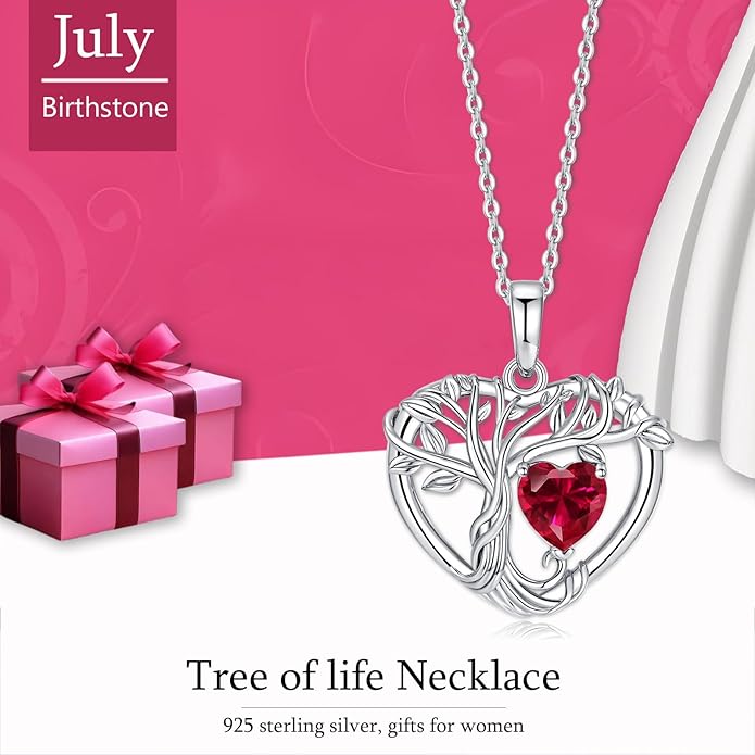 Tree of Life Necklaces for Women 925 Sterling Silver Heart Pendant Birthstone Necklace Created Gemstone Jewelry for Her, 18"+2"