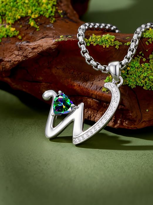 Valentines Day Gifts for Women Alphabet A to Z Initial Birthstone Pendant Necklaces for Women - 18k White Gold Plated Personalized Name Jewelry Valentine Mothers Day Birthday Gifts for Women Her Girlfriend