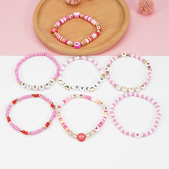 Beaded Bracelet for Women Pink Love Heart Stretch Bracelets Accessories