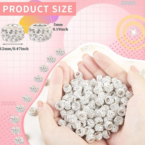 100Pcs Rhinestone Large Hole Beads Spacer Beads White European Craft Big Beads Large Hole Rhinestones Lampwork Murano Bead Fairy Wand Garden Beads for DIY Bracelet Necklace Jewelry Making Supplies