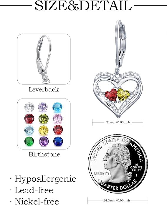 Valentines Day Gifts for Women, Heart Leverback Earrings Double Birthstone Dangle Earrings for Women, Love Jewelry for Her, Anniversary Birthday Gift for Mom Wife Girlfriend