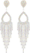 Rhinestone Teardrop with Long Tassel Earrings Sparkly Dangle Earrings for Women