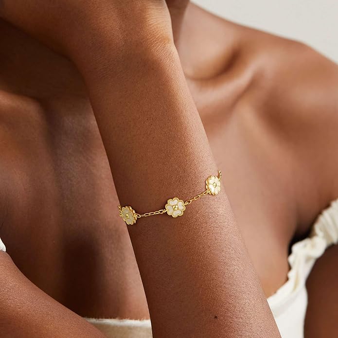 14K Gold Plated Clover Bracelets for Women Flower Four Leaf Link Bracelets Trendy Jewelry Gifts for Women