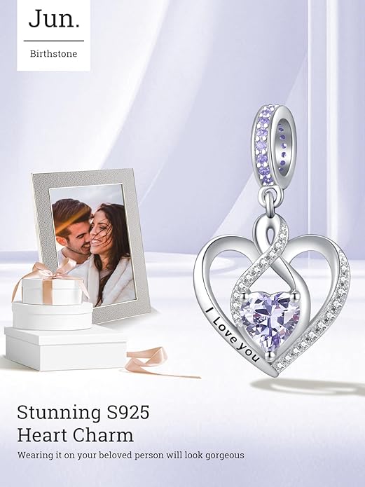 Heart Birthstone Charms for Bracelets, 925 Sterling Silver Women Bead Charms for Charm Bracelets Necklace, Mother's Day Birthday Anniversary Jewelry Gifts for Wife Mom Grandma Daughter