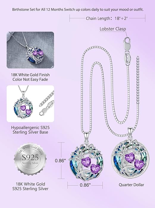 TOUPOP s925 Sterling Silver Family Celtic Tree of Life Pendant Necklaces with 2 Heart Birthstone with Blue Austrian Crystal Jewelry Birthday Valentines Day Gifts for Her, Anniversary Christmas Gifts for Wife Girlfriend Mom (18K Real White Gold Filled)