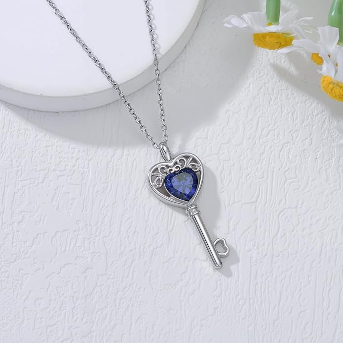 WSX Heart Key Birthstone Necklace for Women 925 Sterling Silver Love Key Pendant with Birthstone Valentine's Day Anniversary Jewelry Gift for Her
