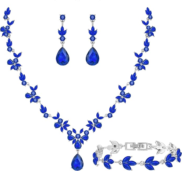 Bridal Wedding Elegant Floral Jewelry Set for Women/Brides/Bridesmaids Crystal Jewelry Set for Wedding Prom Party Bridal Crystal Necklace Earrings Bracelet Set