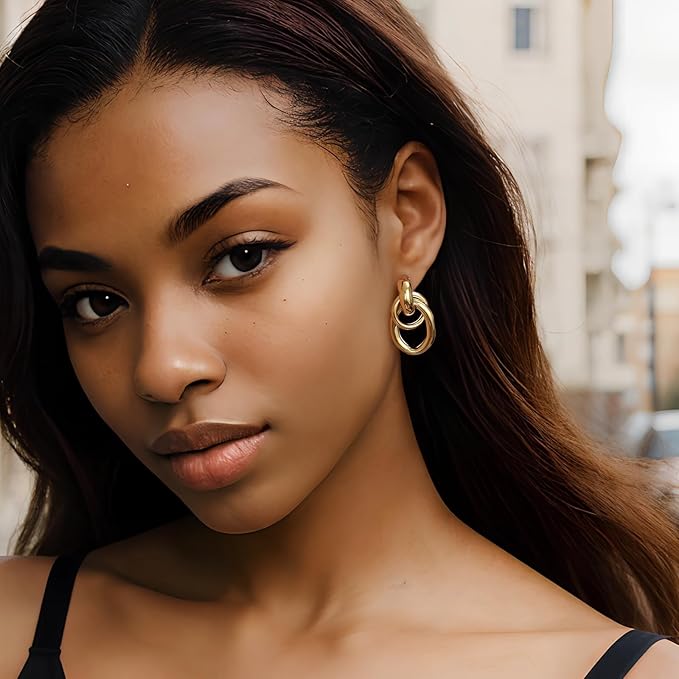 Chunky Gold/Silver Earrings for Women Knot Link Circle Statement Geometric Drop Dangle Earrings Studs Trendy Jewelry (Oval-Knot Earrings)