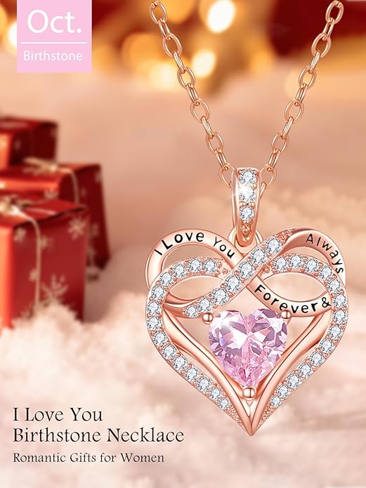 Infinity Rose Gold Valentines Heart Birthstone Necklace for Women,I Love You Always and Forever Jewelry,Valentines Anniversary Birthday Gifts for Her Wife Mom Grandma Daughter