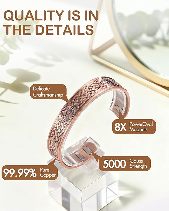 Feraco Copper Bracelet for Men, 5X Ultra Strength Magnetic Cuff Bangle with 5000 Gauss Neodymium Magnets, 99.99% Pure Copper Jewelry Gift, Adjustable