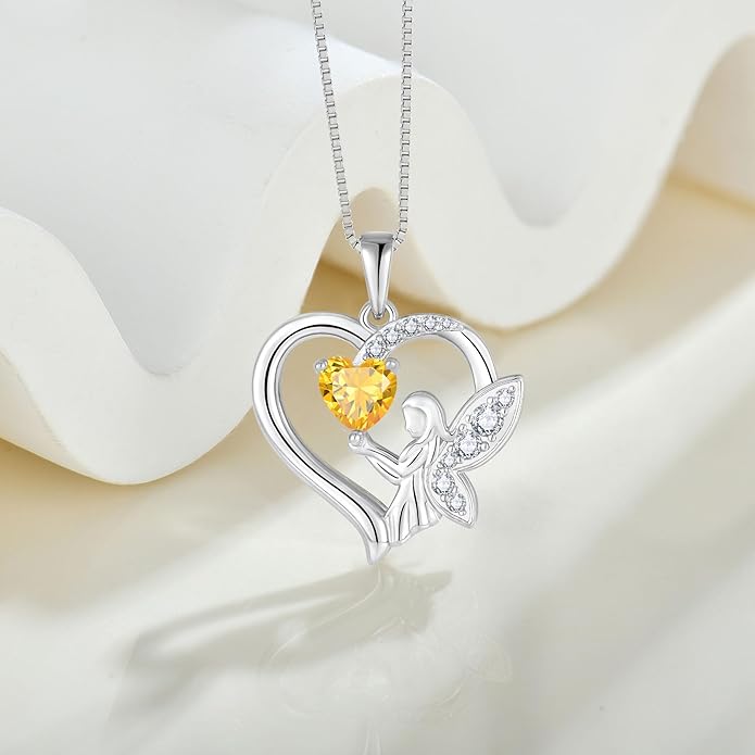 Guardian Angel Necklace 925 Sterling Silver Heart Angel Wings Pendant Birthstone Jewelry for Women