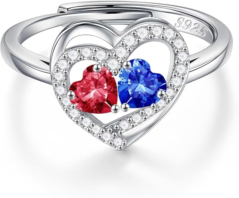 Iefil Adjustable Ring for Women - 925 Sterling Silver Double Birthstone Rings, Anniversary Birthday Gifts for Women Wife Her