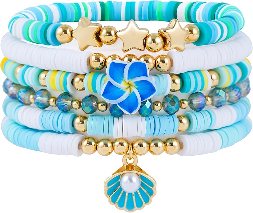 Heishi Beaded Stretch Bracelets for Women Stackable Polymer Clay Beads Bracelets Friendship Boho Summer Beach Bracelet Jewelry Set