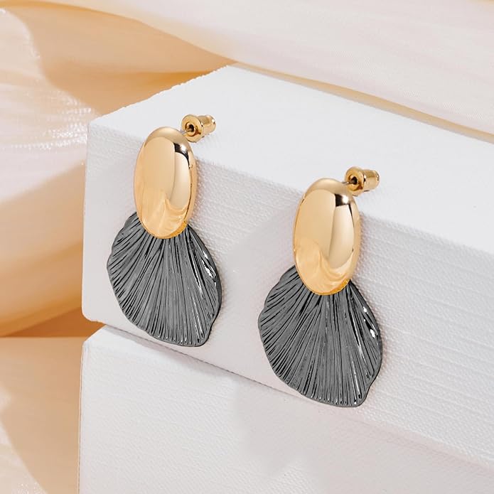 Gold Plated Earrings Dangle Chunky Fan-shaped Earrings Shell Earring for Women Two-Tone Fashion Statement Jewelry