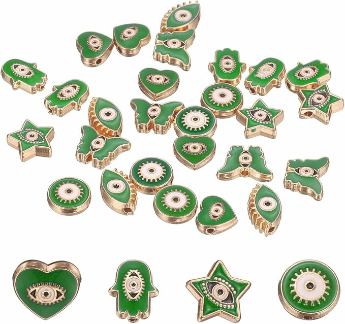 MECCANIXITY 30 Pcs Evil Eye Beads Bulk Colorful Alloy Enamel Loose Spacer Charm Beads for DIY Bracelet Earrings Necklace Crafts Jewelry Making, Green