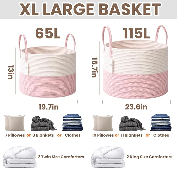JMvicyroam 65L Extra Large Machine Washable Cotton Rope Blanket Basket | - Image 3
