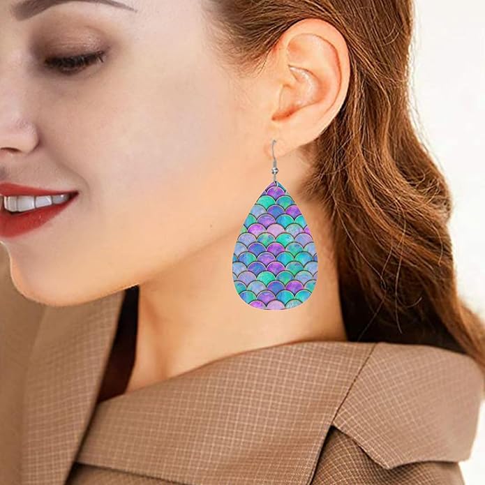 Mermaid Japanese Teardrop Earrings For Women, Dangle Earrings Jewelry For Women, Lightweight Faux Leather Earrings Gifts
