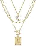 MJartoria Layered Initial Necklaces for Women Trendy, 14K Gold Plated Brass Simple Moon Choker Square Letter Pendant Necklace, Paperclip Chain Necklaces Jewelry Gifts