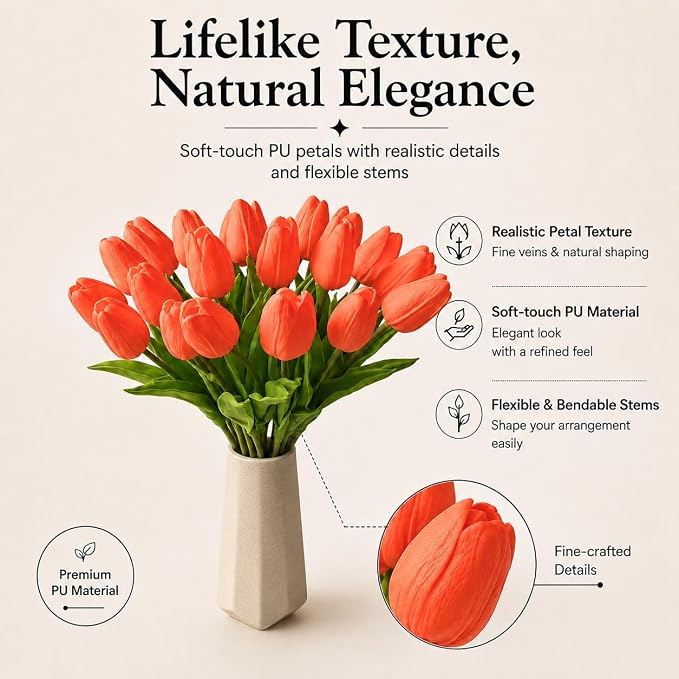 Mandy's 20pcs Artificial Dark Orange Tulips | 13.5 Inch Lifelike PU Tulips Faux - Image 2
