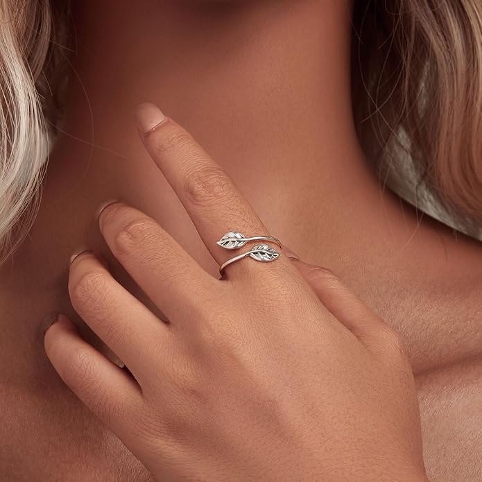 MUNDELL 925 Sterling Silver Simple Multi-layer Leaf Adjustable Ring Green Lucky Leaves Statement Ring for Women Promise Ring Fine Jewelry