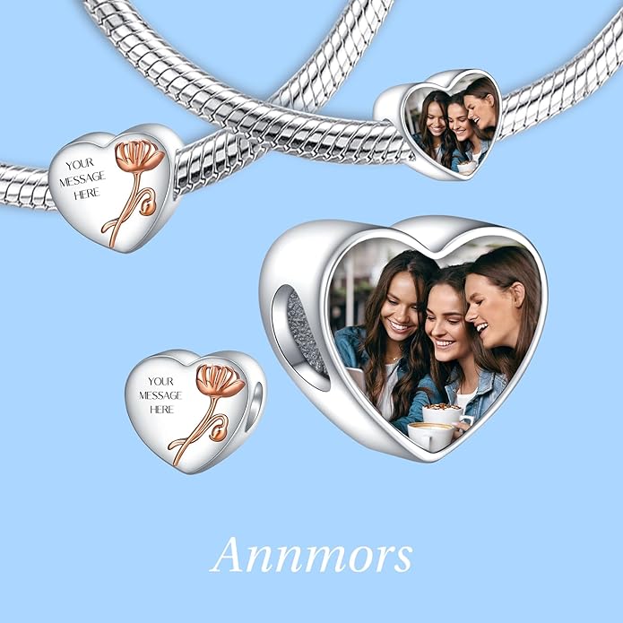 Annmors Personalized Photo Charm for Bracelet Necklaces,925 Sterling Silver Charm Love Heart Shaped Engraved Customize Picture Gift for Birthday Mother's Day Christmas,Bead Charms Jewelry for Women
