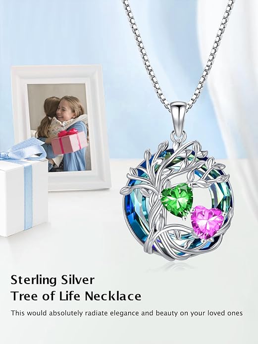 TOUPOP s925 Sterling Silver Family Celtic Tree of Life Pendant Necklaces with 2 Heart Birthstone with Blue Austrian Crystal Jewelry Birthday Valentines Day Gifts for Her, Anniversary Christmas Gifts for Wife Girlfriend Mom (18K Real White Gold Filled)