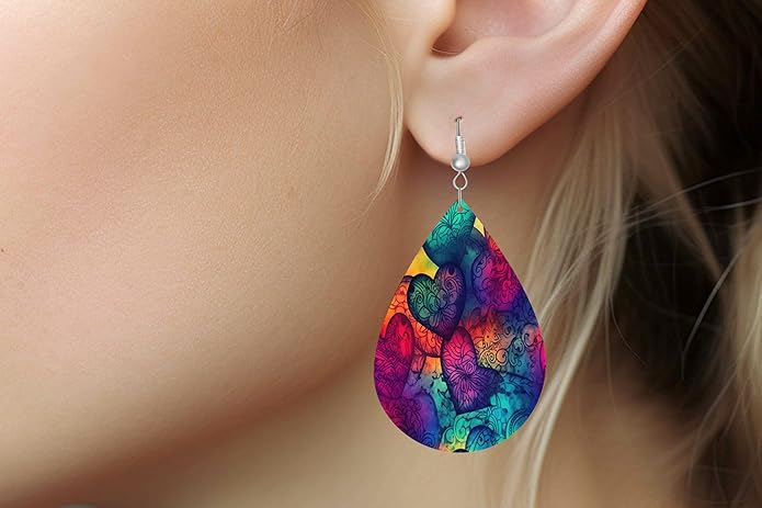 Teardrop Wood Earrings Light Weight Printed Image Dangle Jewelry, Fun and Funky