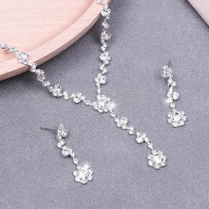 Silver Rhinestone Prom Jewelry Set for Women,Black Glitter Crystal Chain Choker Necklace Cz Drop Earring for Wedding Bridal,Formal Costume Accessories