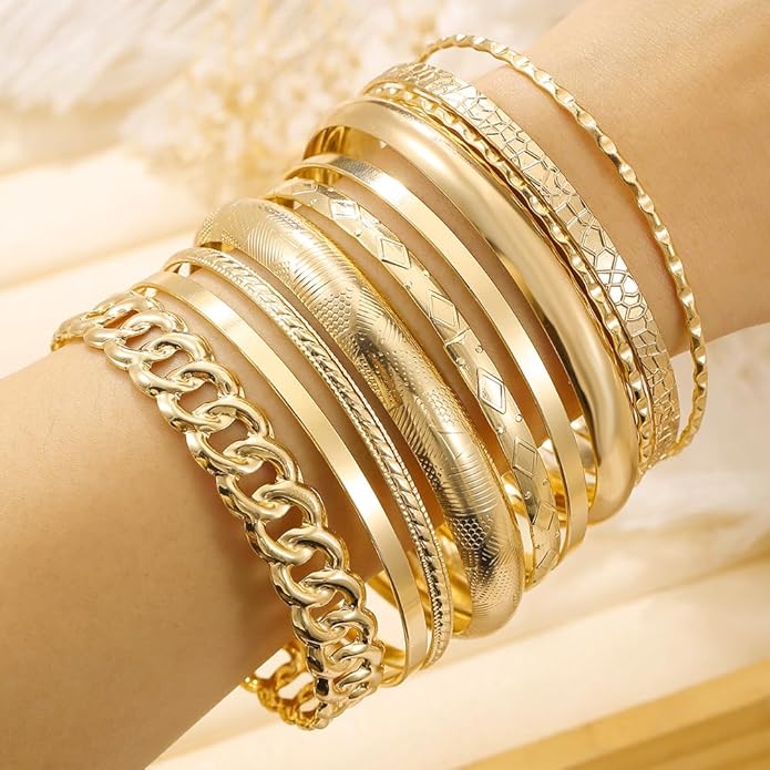 16Pcs Gold Bangle Bracelets for Women - Multi Layer Stackable Textured Bracelets Boho Jewelrys Set.