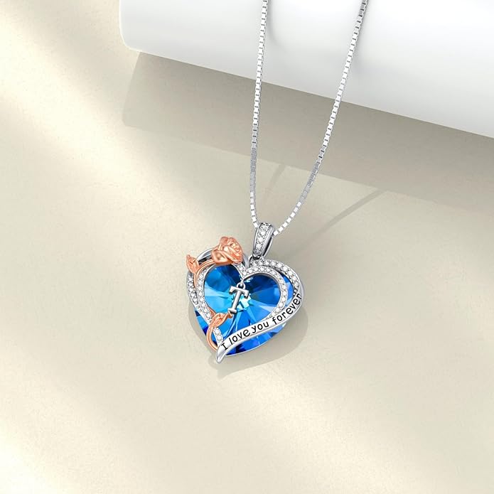 PELOVNY Rose Heart Initial Necklaces for Women S925 Sterling Silver Alphabet Letter Crystal Necklace Initial Pendant Jewelry Gifts for Mom Daughter Wife