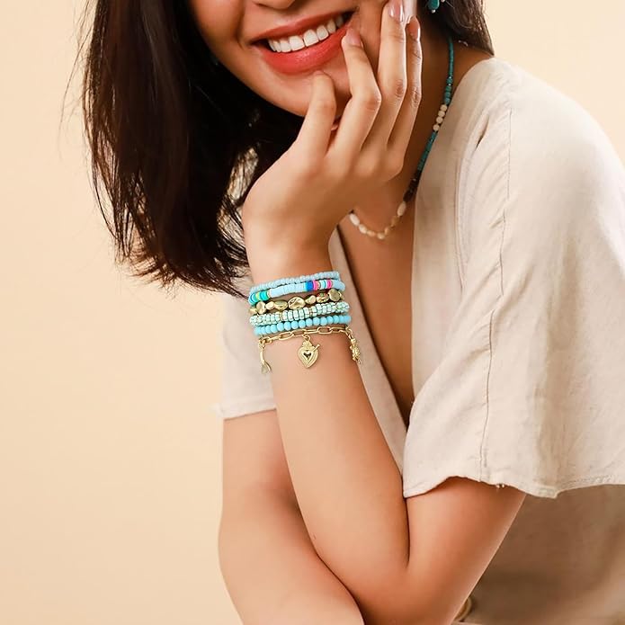Shell Bracelet Seashell Boho Beaded Stretch Bracelets for Women Summer Beach Bracelets Starfish Charm Bracelet Stackable Gold Plated Bracelets Set for Women