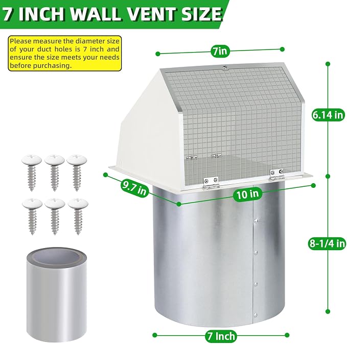 7Inch Hooded Wall Vent with Screen and Damper, Galvanized Steel Exhaust Vent - Image 2