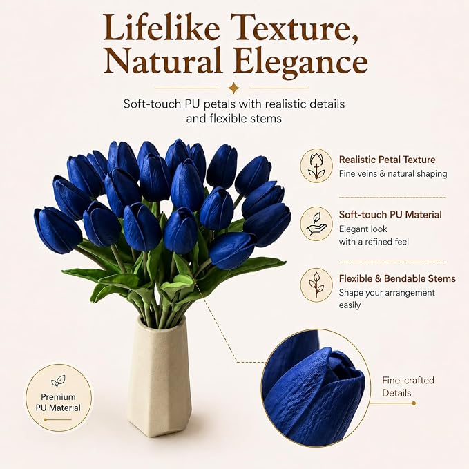 Mandy's 20pcs Artificial Royal Blue Tulips | 13.5 Inch Lifelike PU Tulips Faux - Image 2