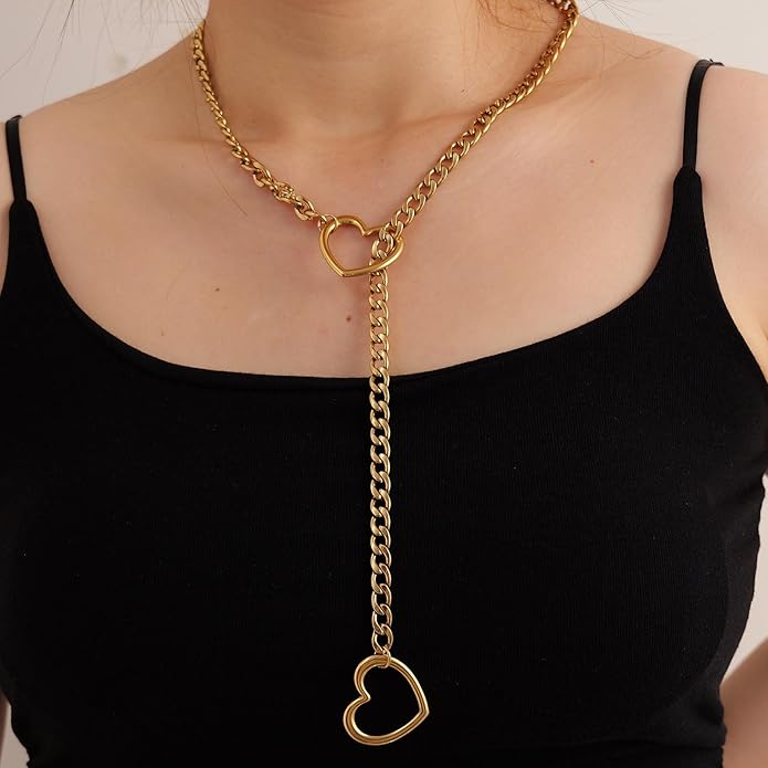 Heart Slip Chain Necklaces for Women,Stainless Steel O-Ring Adjustable Lariat Y-Necklace,Punk Gothic Cuban Collar Choker Necklace for women