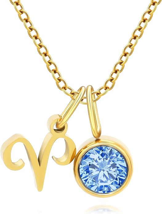 MISS RIGHT Initial Birthstone Necklace for Women - Personalized Gifts Birthday Gifts for Women Stainless Steel 18K Gold Plated Dainty Gold Zodiac Sign 12 Constellation Horoscope Necklace Jewelry