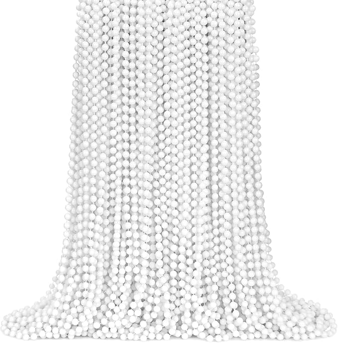 ZYFLSQ 100 Pcs 33" 7mm White Beads Necklaces, Bulk Mardi Gras Beaded Necklaces, Party Beads Costume Necklaces (White)